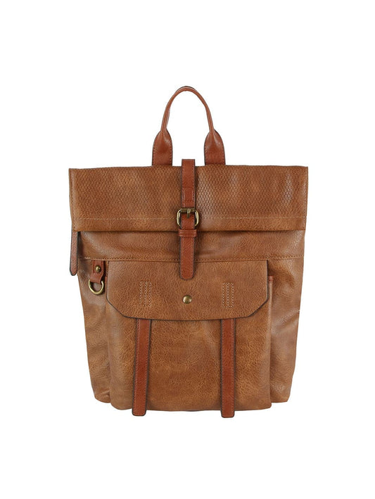 The Front Pocket Fashion Backpack features brown faux leather, a top handle, front snap pocket, buckle accents, and two adjustable vertical straps, displayed against a white background.
