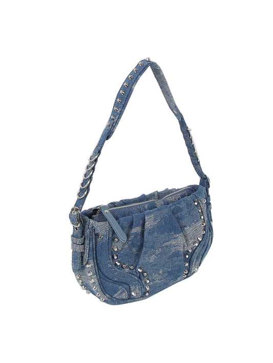 Studded Distressed Denim Hobo Handbag