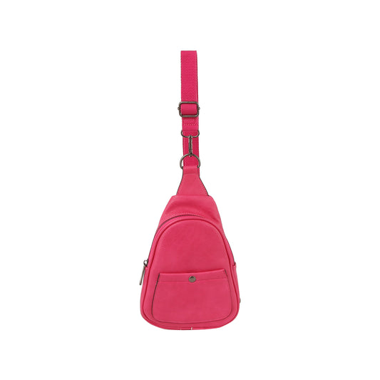 The Casual Front Pocket Front Crossbody Bag is a bright pink faux leather sling bag with an adjustable strap, snap-button front pocket, and zippered main compartment, displayed against a white background.