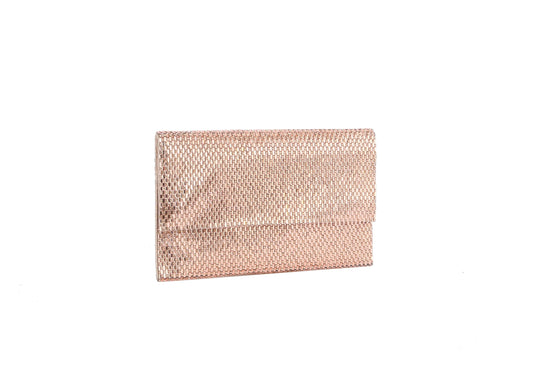 The Colored Stone Style Evening Bag is a small, rectangular gold clutch with a textured woven pattern and a sleek top flap closure, shown against a plain white background.