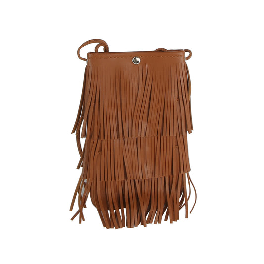 The Layered Fringe Shoulder Bag is a small brown faux leather crossbody with layered fringe, single strap, and top snap button closure, shown against a white background.