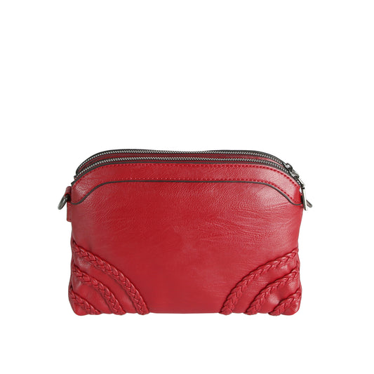 A compact, bright red Braid Accented Clutch Crossbody Bag features faux leather, dual top zip closure with silver zippers, and braided detailing at the lower corners.