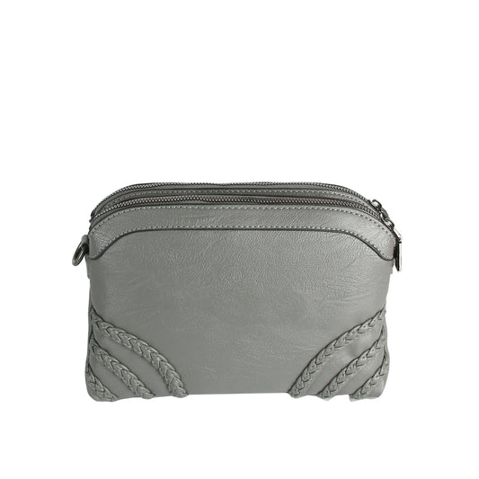 The Braid Accented Clutch Crossbody Bag is a small gray faux leather purse with a dual top zip closure, braided detailing on the bottom corners, and a smooth texture.