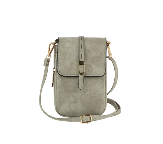 The Front Flap Multi Compartment Cell Phone Crossbody Bag is a small light gray faux leather bag with a detachable adjustable strap, gold-toned buckle hardware, and front flap, shown against a white background.