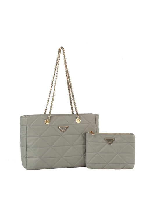 The 2 IN 1 Quilted Nylon Tote Bag Set features a gray quilted nylon tote with gold chain handles and a matching zip pouch, both with triangular gold logos on the front. The pouch is tablet compatible.