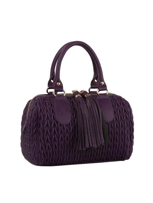 The Embossed Tassel Accented Satchel Handbag is a small, purple, quilted faux leather bag with double handles, gold-tone hardware, zipper closure, and front tassels. Stylish and compatible with tablets for everyday use.