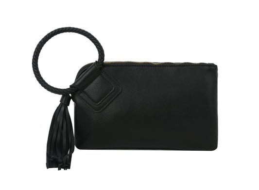 The Braided Handle Wristlet Clutch is a black faux leather bag with a braided wrist strap, tassel detail, zippered top, elegant design, and convenient interior credit card slots.