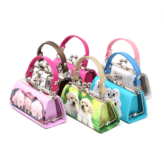The Puppy Print Lipstick Case Assorted Set includes five small faux leather coin purses with metal clasps, each decorated with cute puppy images—ideal for organizing cosmetics or lipsticks—displayed together on a white background.