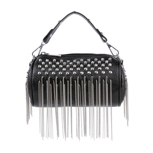The Stud and Fringe Accented Evening Bag is a black petite faux leather hand tote with silver studs, fringe accents, a short handle with metal hardware, and bold long silver chain fringe for standout style.