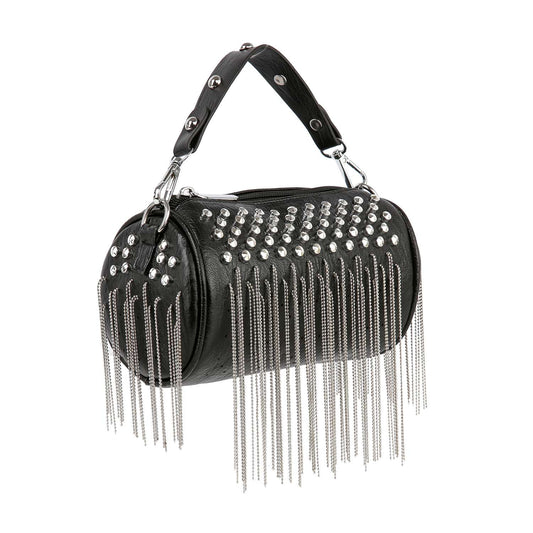 The Stud and Fringe Accented Evening Bag is a black cylindrical faux leather tote with silver studs, fringe, a short handle with metal accents, and long silver chain details—perfect as a petite hand tote.