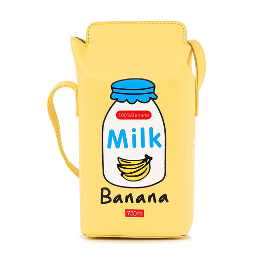 The Cute Carton Style Shoulder Bag is a yellow faux leather bag shaped like a milk carton, with a blue-capped bottle labeled Milk Banana, banana graphics, 750ml at the bottom, and a matching yellow single strap.