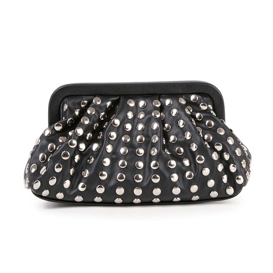 The Pleated Stud Accented Clutch Bag features black faux leather with pleats, large round silver studs, and a sleek black top frame.