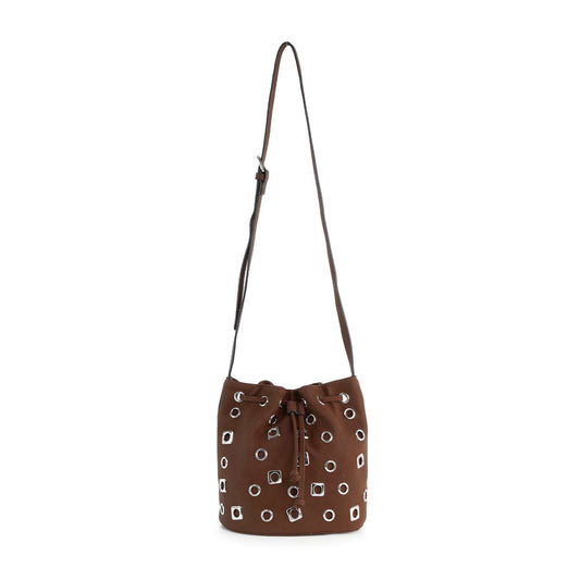 The Rivited Drawstring Hobo Shoulder Bag features brown faux leather, a long adjustable strap, silver-tone hardware, and white circular and square grommets for a modern touch.