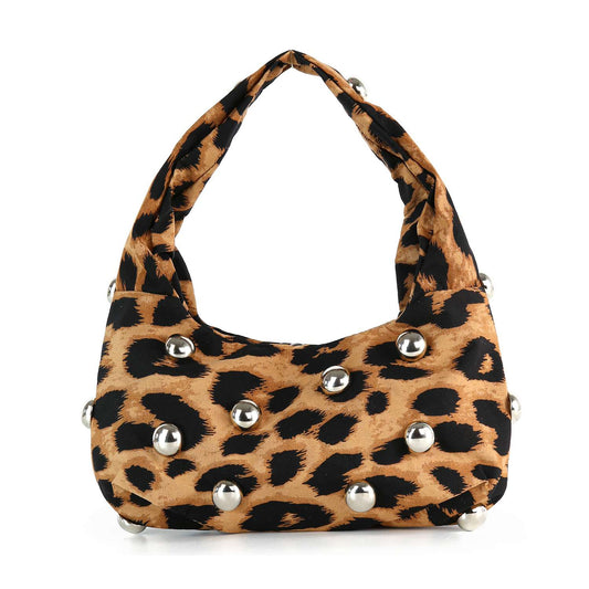The Leopard Print Studded Petite Hobo is a small hobo bag with a bold leopard print and shiny silver studs arranged evenly across the front and handle.