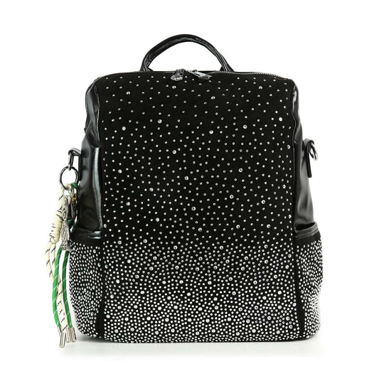 The Glamorous Stone Design Fashion Backpack is a black faux leather bag with a gradient of silver studs, a top handle, side pockets, and a tassel keychain featuring green and white accents.