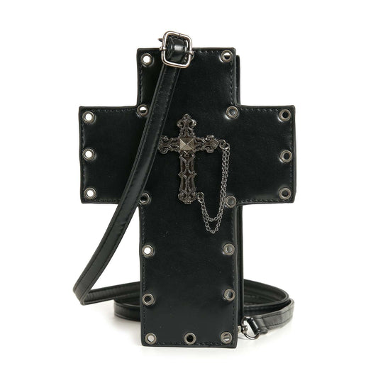 The Decorative Cross Design Crossbody Bag is a black, faux leather cross-shaped bag with metal eyelets, a front decorative metal cross and chain, plus an adjustable strap for comfort.