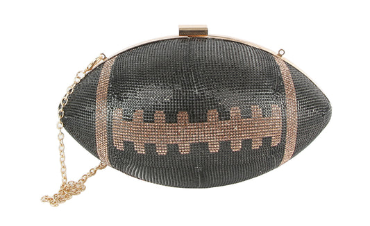 The *FINAL SALE ITEM* Rhinestone Bling Football Bag features a football design with gold accents, a gold chain strap, and rhinestone details for sporty glamour. All sales are final—no returns or exchanges allowed.
