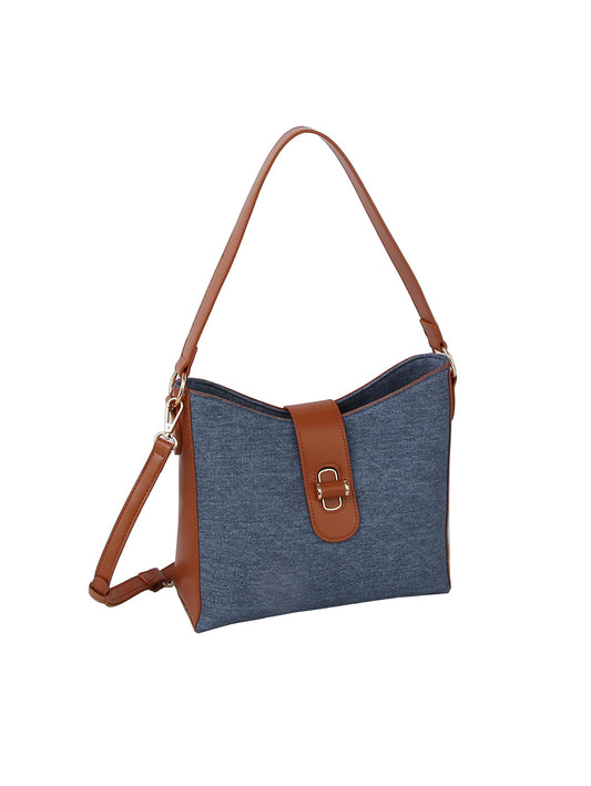 Denim And Faux Leather Hobo Handbag