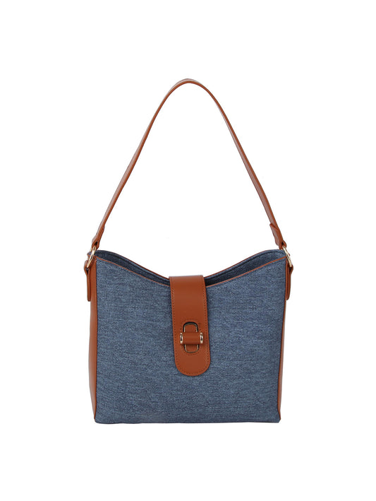 Denim And Faux Leather Hobo Handbag