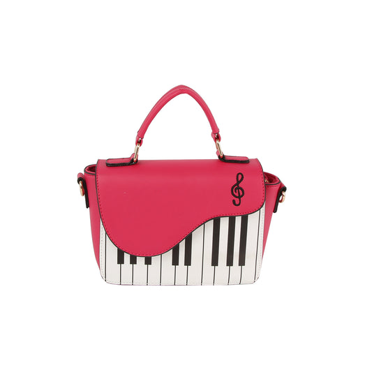 The Stylish Piano Design Hand Tote is a pink faux leather handbag with a carrying handle, featuring a front flap styled like a piano keyboard and a treble clef symbol in the top right corner.