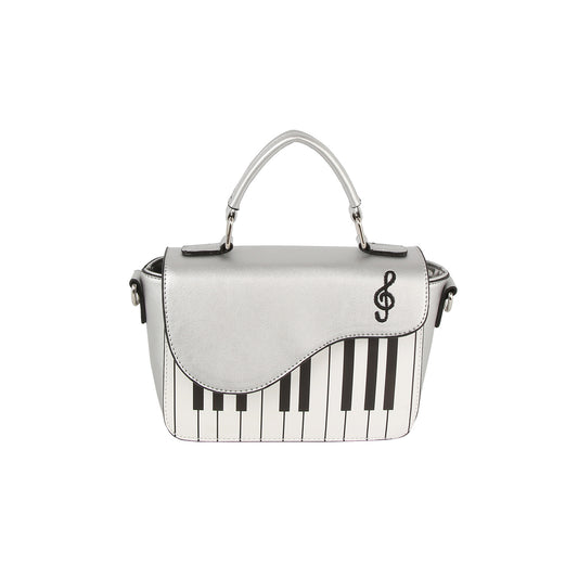 The Stylish Piano Design Hand Tote features sleek faux leather with black and white keys, a treble clef on the silver flap, a carrying handle, and side straps for easy carrying.
