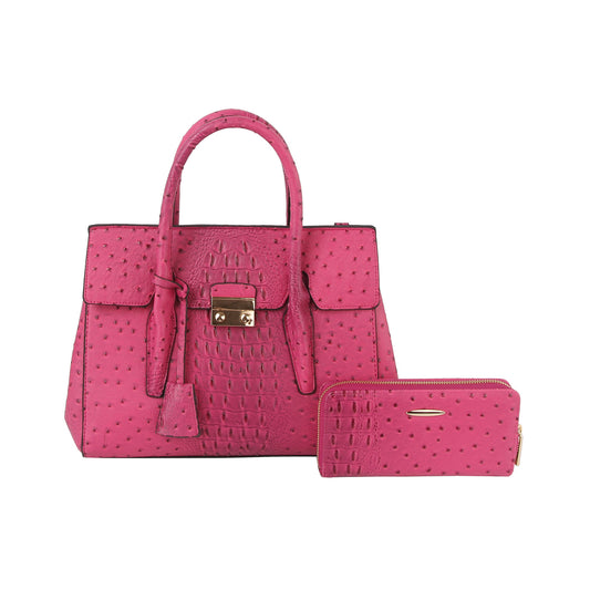 The Embossed Classic Tote Handbag Set features a pink faux leather tote with textured pattern and gold-toned hardware, paired with a matching pink zippered wallet, both showcased against a white background.