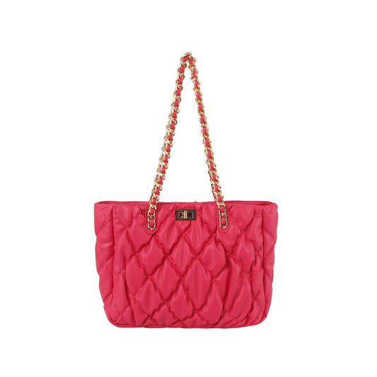 The Quilted Puffer Stylish Chain Accented Tote is a bright pink nylon handbag with gold-toned hardware, double handles, a quilted design, and a small rectangular clasp on the front, displayed against a white background.