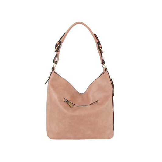 The Multi Pocket Classic Hobo Handbag in light pink faux leather features a single top handle, gold-tone hardware, and a front zip pocket. Displayed on a plain white background, its tablet compatible for everyday convenience.