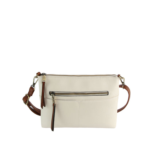The Front Pocket Slim Crossbody Bag is a small rectangular white faux leather bag with a brown adjustable strap, front zip pocket, and silver hardware, shown on a white background.