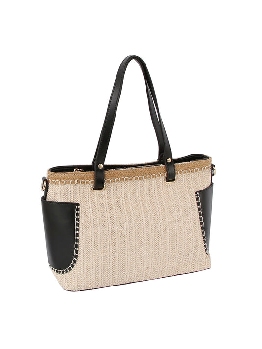 End Pocket Straw Tote Handbag
