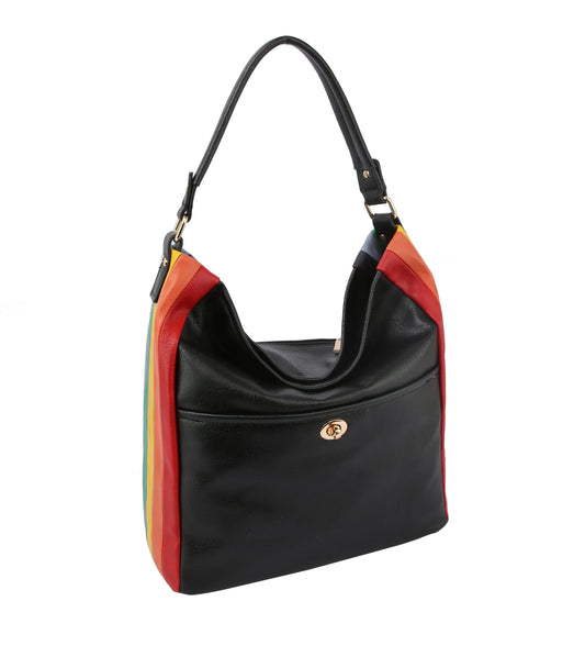 The Rainbow Stripe Accent Hobo Handbag is a black faux leather bag with vibrant red, orange, yellow, and green side panels, a single strap, gold-tone hardware, and a gold oval clasp on the front pocket.