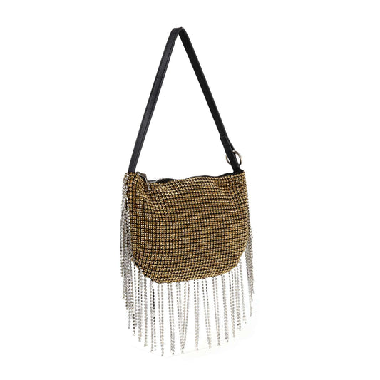 The Beaded Fringe Rhinestone Shoulder Bag features a black strap, a gold base with sparkling crystals, and silver rhinestone beaded fringe cascading elegantly along the sides and bottom.