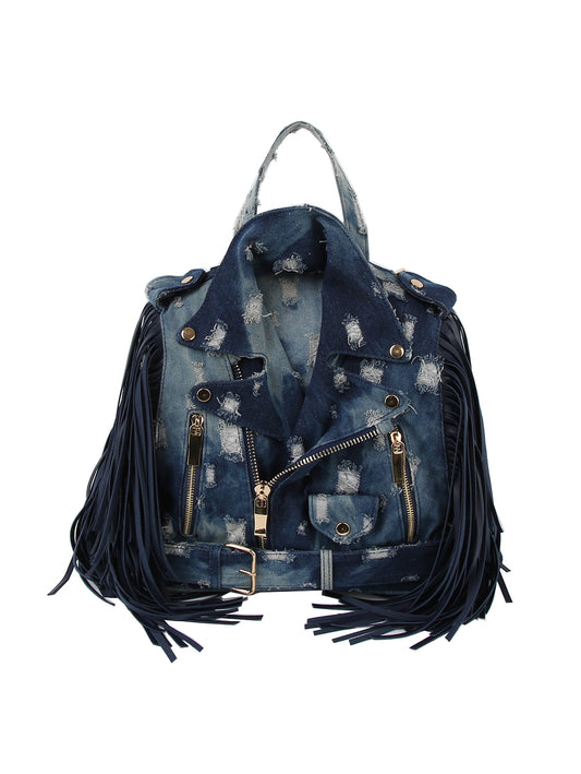 Denim Fringe Motorcycle Jacket Backpack