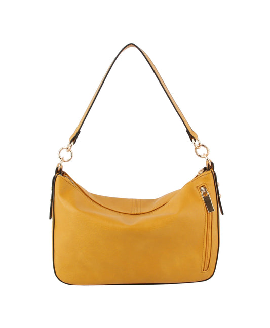 The Mini Shoulder Bag With Guitar Strap is a mustard yellow faux leather handbag featuring a single strap, gold hardware, top zipper, and small zippered front pocket, displayed against a white background.