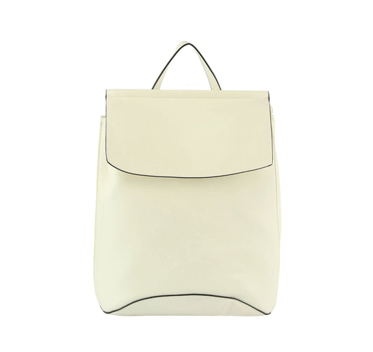 The Convertible Classic Fashion Backpack is a minimalist off-white faux leather backpack purse with a flap closure, subtle black trim, and tablet compatibility, shown against a plain white background.