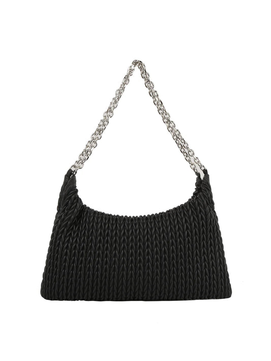 Chain Accented Woven Embossed Shoulder Bag