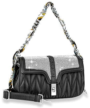 Scarf Accented Sparkling Top Flap Shoulder Bag - Black