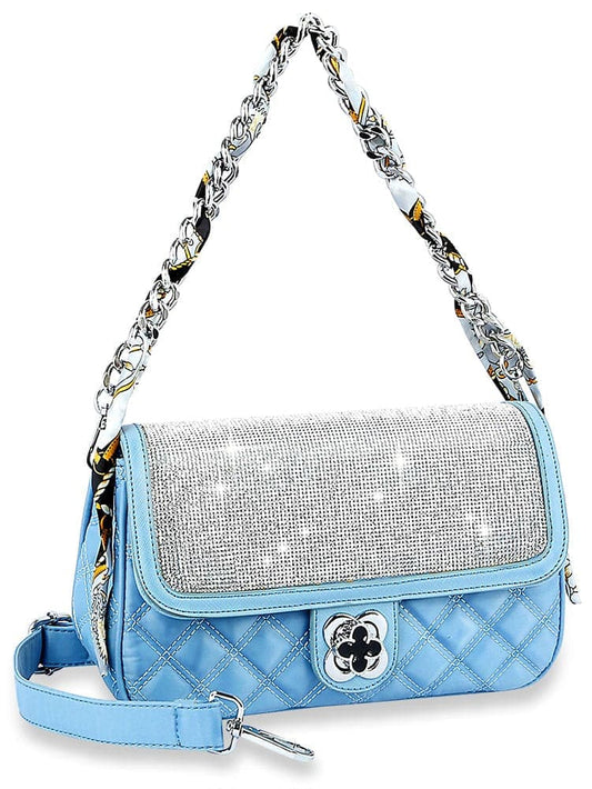 Scarf Accented Sparkling Top Flap Shoulder Bag