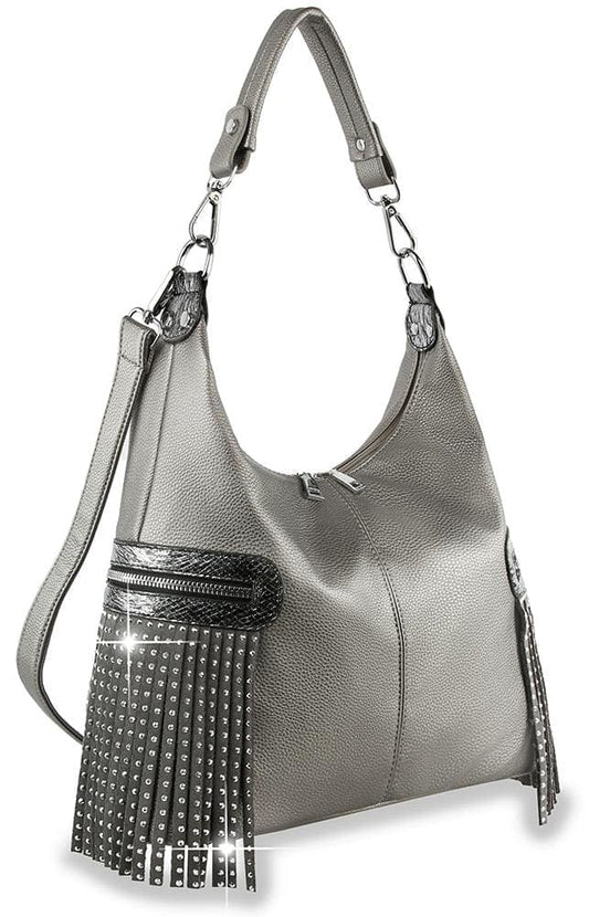 Fringe Accented Hobo Handbag - Pewter