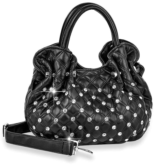 Rhinestone Stud Quilted Petite Hand Tote - Black