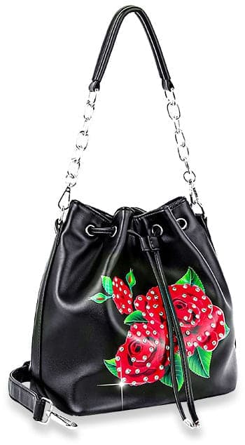 Graphic Rose Print Drawstring Hobo Handbag - Black