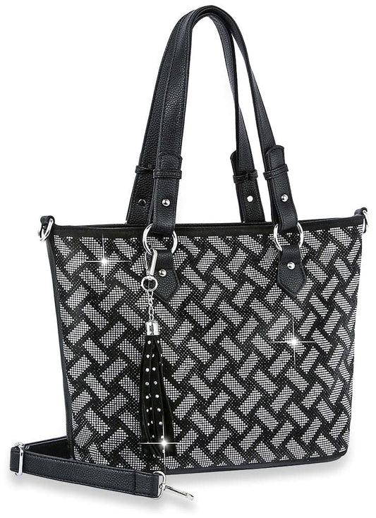 Woven Rhinestone Design Tote Handbag - Black