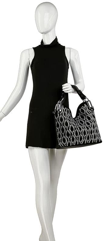 A mannequin in a sleeveless black dress holds the Rhinestone Design Fashion Handbag, featuring a bold white geometric pattern.