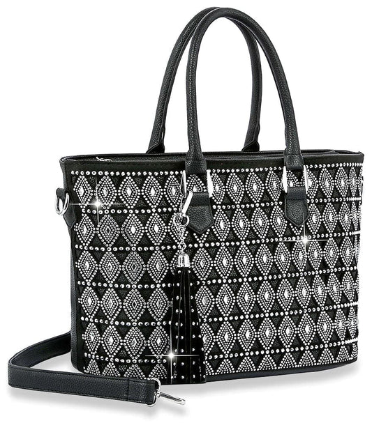 Rhinestone Patterned Tote Handbag - Black