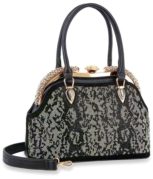 Snakeskin Print Bling Design A-Frame Tote - Black