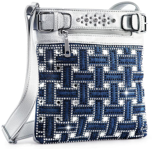 The Rhinestone Design Crossbody Sling features a silver geometric woven design, studded top band, double buckles, sparkling rhinestones, adjustable strap, front zipper pocket—all crafted from luxe faux leather for versatile style.