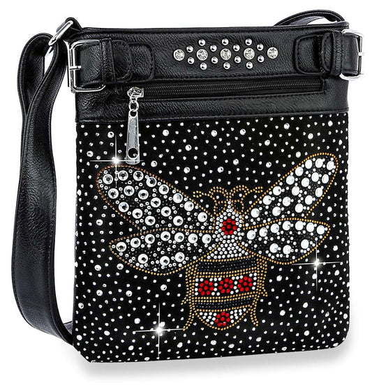 Dazzling Rhinestone Bee Crossbody Sling - Black