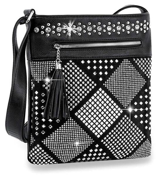 Tassel Accented Diamond Print Crossbody Sling - Black