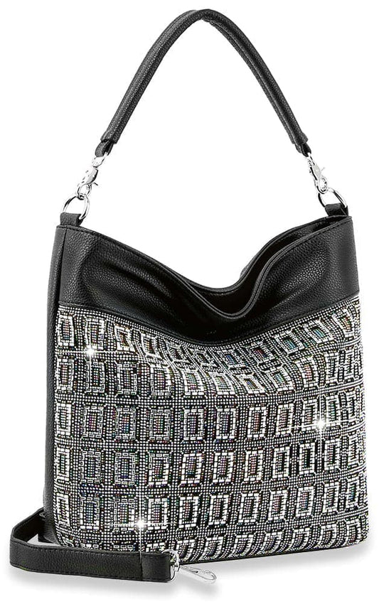 Sparkling Rhinestone Grid Design Hobo - Black