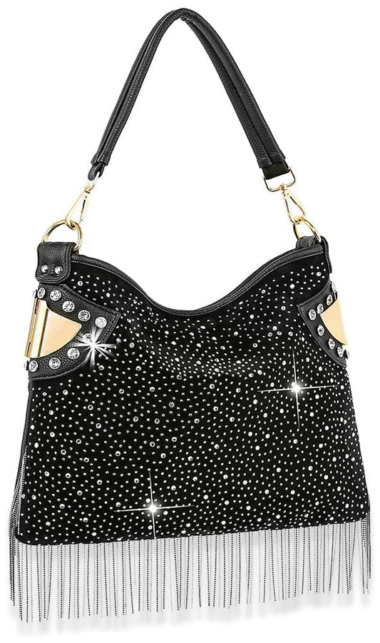 Rhinestone And Beaded Fringe Hobo Handbag - Black